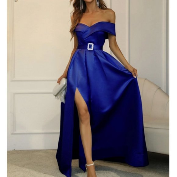 Chic Off Shoulder Boxy Pleated Split Thigh Prom Maxi Dress Blue - Picture 1 of 9